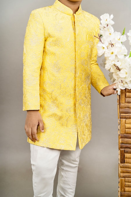 Shop Little Brats Yellow Cotton, Silk Embroidery Floral Thread Sherwani Set Online at Aza Fashions Shop_Little Brats_Yellow Cotton, Silk Embroidery Floral Thread Sherwani Set _Online_at_Aza_Fashions