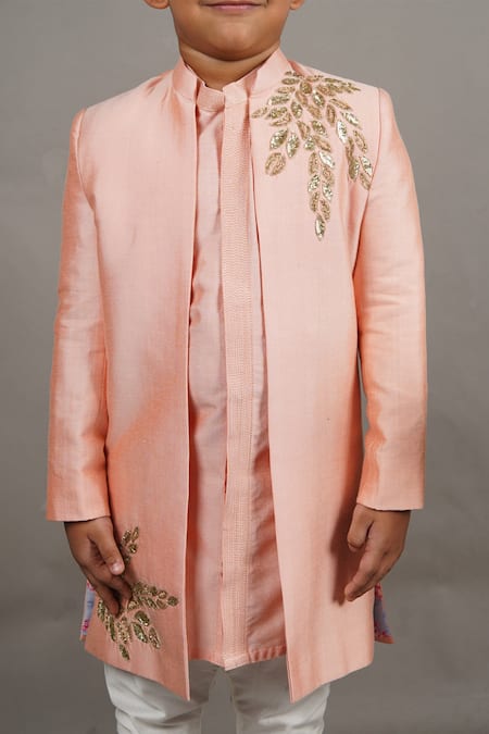 Shop Little Brats Pink Cotton, Silk Embroidery, Sequins Leaf Kurta Set Online at Aza Fashions Shop_Little Brats_Pink Cotton, Silk Embroidery, Sequins Leaf Kurta Set _Online_at_Aza_Fashions