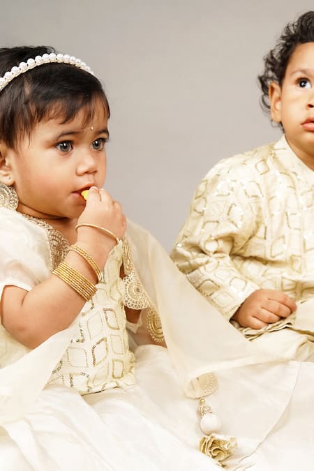 Buy Little Brats Beige Cotton, Silk Sequins Geometric Embroidered Gharara Set Online at Aza Fashions Buy_Little Brats_Beige Cotton, Silk Sequins Geometric Embroidered Gharara Set _Online_at_Aza_Fashions