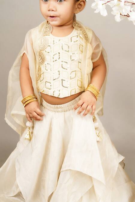Little Brats Beige Cotton, Silk Sequins Geometric Embroidered Gharara Set at Aza Fashions Little Brats_Beige Cotton, Silk Sequins Geometric Embroidered Gharara Set _at_Aza_Fashions