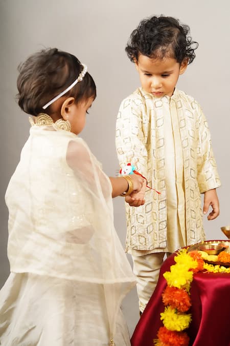 Little Brats Beige Cotton, Silk Sequins Geometric Kurta Set Online at Aza Fashions Little Brats_Beige Cotton, Silk Sequins Geometric Kurta Set _Online_at_Aza_Fashions