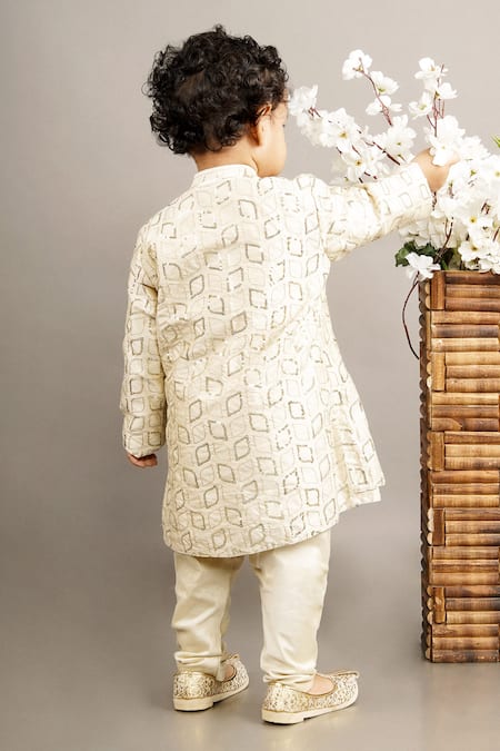 Shop Little Brats Beige Cotton, Silk Sequins Geometric Kurta Set at Aza Fashions Shop_Little Brats_Beige Cotton, Silk Sequins Geometric Kurta Set _at_Aza_Fashions