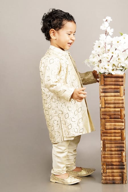 Shop Little Brats Beige Cotton, Silk Sequins Geometric Kurta Set Online at Aza Fashions Shop_Little Brats_Beige Cotton, Silk Sequins Geometric Kurta Set _Online_at_Aza_Fashions