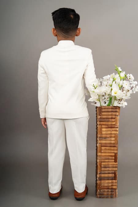 Shop Little Brats Ivory Viscose Cut Work, Beads, Embroidery Cheetah Bandhgala Set at Aza Fashions Shop_Little Brats_Ivory Viscose Cut Work, Beads, Embroidery Cheetah Bandhgala Set _at_Aza_Fashions