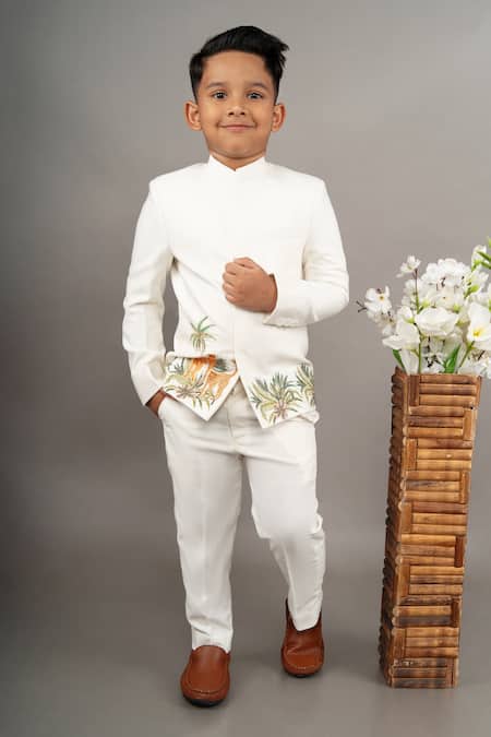 Shop Little Brats Ivory Viscose Cut Work, Beads, Embroidery Cheetah Bandhgala Set Online at Aza Fashions Shop_Little Brats_Ivory Viscose Cut Work, Beads, Embroidery Cheetah Bandhgala Set _Online_at_Aza_Fashions