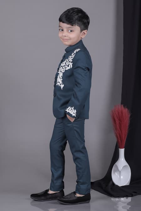 Buy Little Brats Green Viscose Embroidery Leaf Applique Bandhgala Set Online at Aza Fashions Buy_Little Brats_Green Viscose Embroidery Leaf Applique Bandhgala Set _Online_at_Aza_Fashions