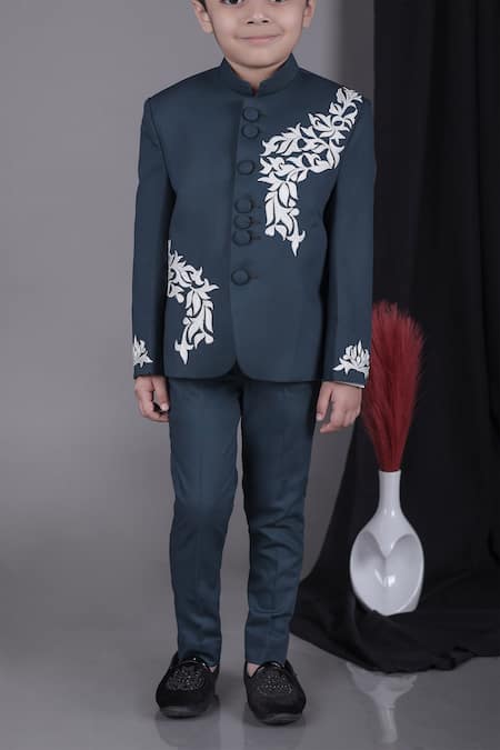 Shop Little Brats Green Viscose Embroidery Leaf Applique Bandhgala Set Online at Aza Fashions Shop_Little Brats_Green Viscose Embroidery Leaf Applique Bandhgala Set _Online_at_Aza_Fashions