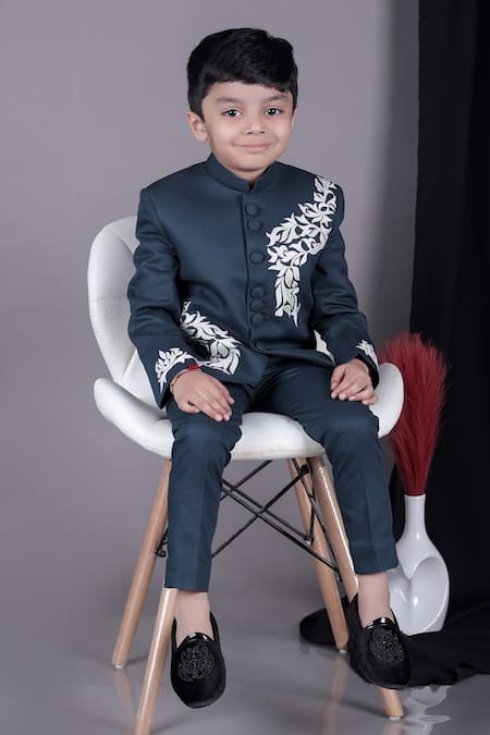 Little Brats Green Viscose Embroidery Leaf Applique Bandhgala Set at Aza Fashions Little Brats_Green Viscose Embroidery Leaf Applique Bandhgala Set _at_Aza_Fashions