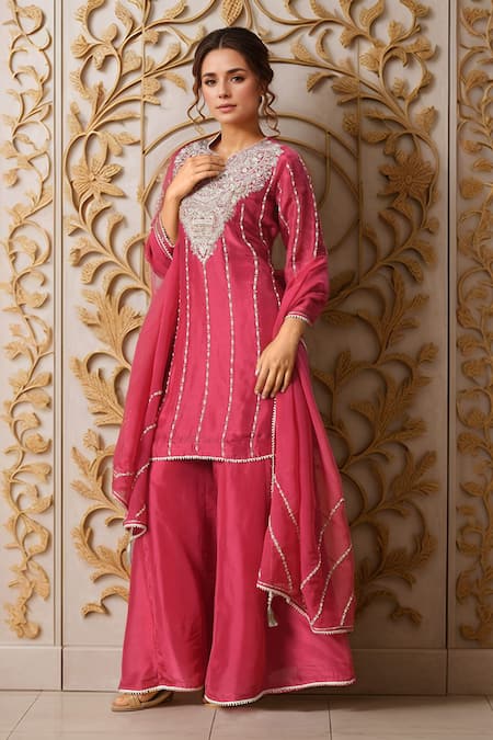 Samyukta Singhania_Maroon Silk, Organza Embroidery, Tassels Split V-neck Kurta Sharara Set _at_Aza_Fashions