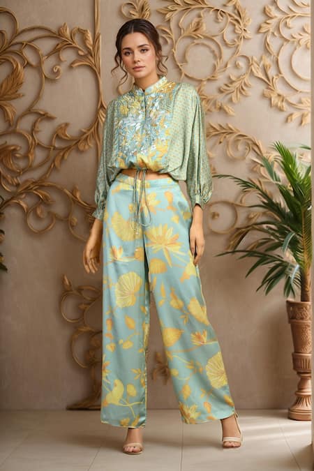 Buy_Samyukta Singhania_Blue Muslin Embroidery, Beads Bandeau Neck Floral Print Top And Pant Set _Online_at_Aza_Fashions