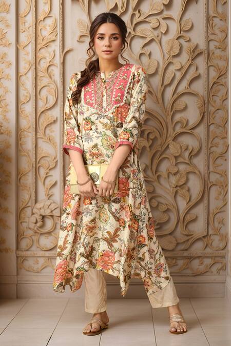 Buy_Samyukta Singhania_White Muslin Embroidery, Lace Collared Floral Printed Asymmetric Kurta With Pant_Online_at_Aza_Fashions