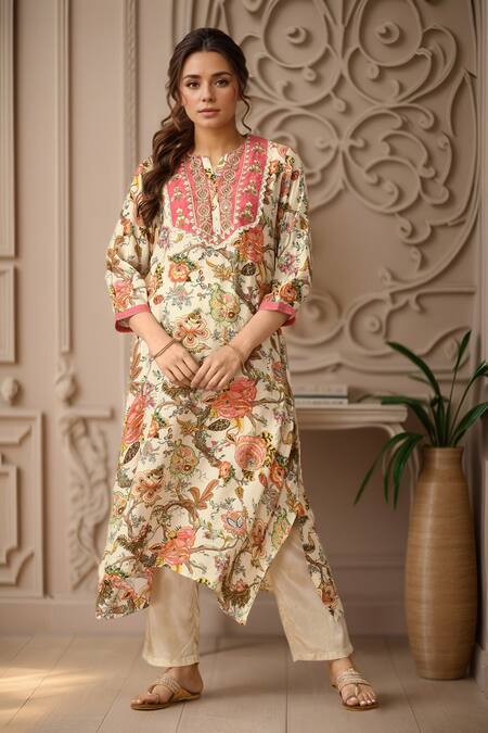 Shop_Samyukta Singhania_White Muslin Embroidery, Lace Collared Floral Printed Asymmetric Kurta With Pant_Online_at_Aza_Fashions