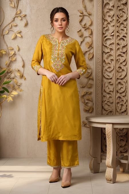 Shop_Samyukta Singhania_Yellow Silk, Organza Embroidery, Lace Floral Thread Straight Kurta And Pant Set _Online_at_Aza_Fashions