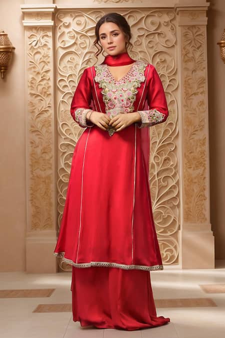 Shop_Samyukta Singhania_Red Organza, Chiffon Embroidery V-neck Rosa Yoke Kurta And Gharara Set _Online_at_Aza_Fashions