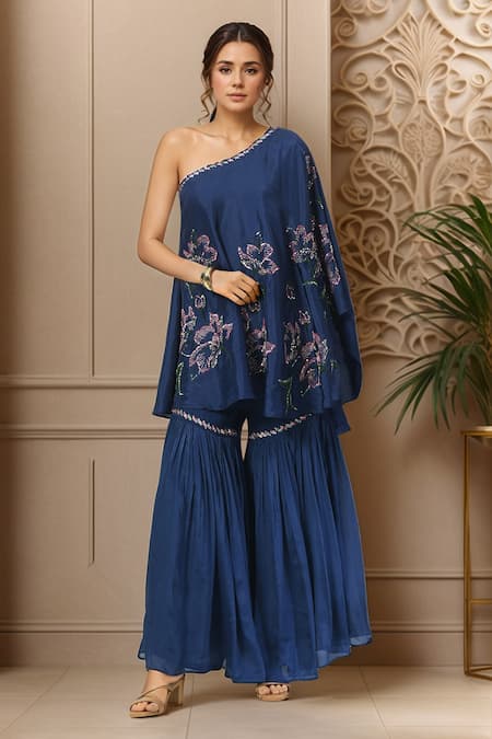 Buy_Samyukta Singhania_Blue Silk Embroidery Asymmetric Flower One Shoulder Tunic With Sharara _Online_at_Aza_Fashions