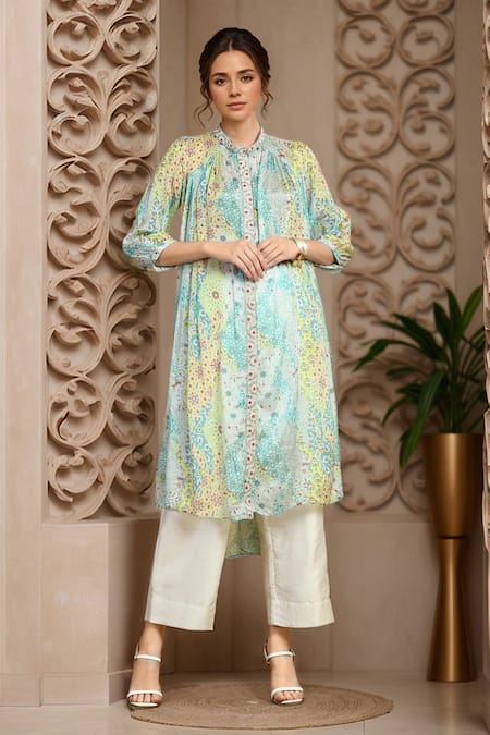 Samyukta Singhania Floral Print Embroidered Gathered Kurta & Pant Set 