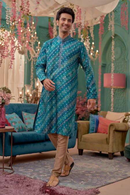 Kora By Nilesh Mitesh Blue Silk Embroidery Bandhani Print Kurta Set Online at Aza Fashions Kora By Nilesh Mitesh_Blue Silk Embroidery Bandhani Print Kurta Set_Online_at_Aza_Fashions