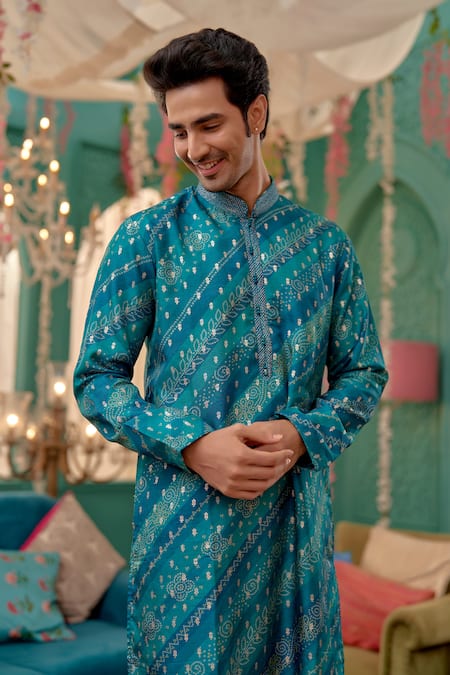 Buy Kora By Nilesh Mitesh Blue Silk Embroidery Bandhani Print Kurta Set Online at Aza Fashions Buy_Kora By Nilesh Mitesh_Blue Silk Embroidery Bandhani Print Kurta Set_Online_at_Aza_Fashions