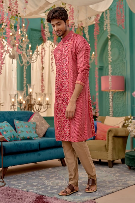 Kora By Nilesh Mitesh_Pink Silk Embroidery Patola Print Kurta And Aligadi Pant_Online_at_Aza_Fashions