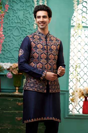 Buy_Kora By Nilesh Mitesh_Blue Silk, Pashmina Embroidery Floral Mandala Bundi Set_Online_at_Aza_Fashions