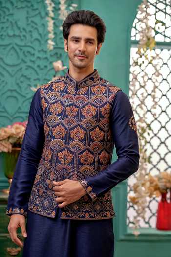 Shop_Kora By Nilesh Mitesh_Blue Silk, Pashmina Embroidery Floral Mandala Bundi Set_Online_at_Aza_Fashions