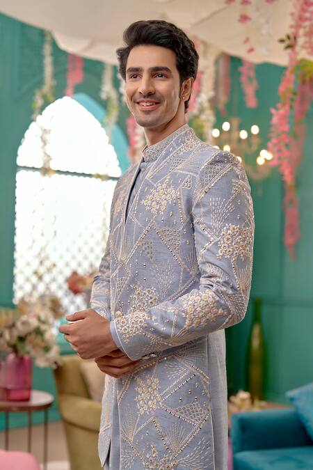 Kora By Nilesh Mitesh_Blue Handloom Cotton, Silk Beads, Sequins, Embroidery Floral Bloom Sherwani Set_Online_at_Aza_Fashions