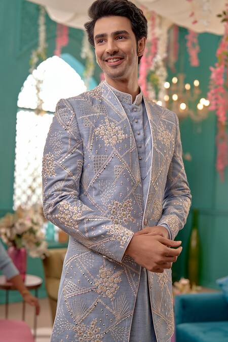 Buy_Kora By Nilesh Mitesh_Blue Handloom Cotton, Silk Beads, Sequins, Embroidery Floral Bloom Sherwani Set_Online_at_Aza_Fashions