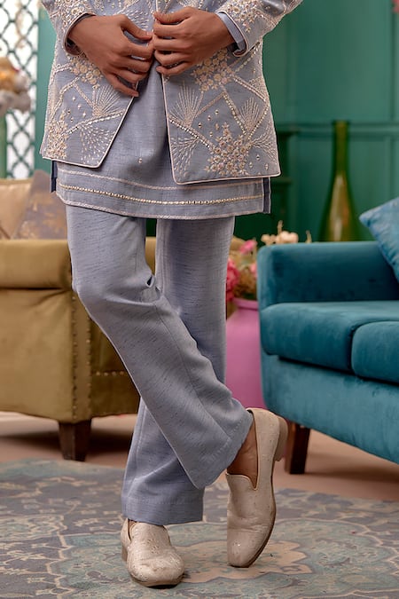 Shop_Kora By Nilesh Mitesh_Blue Handloom Cotton, Silk Beads, Sequins, Embroidery Floral Bloom Sherwani Set_Online_at_Aza_Fashions