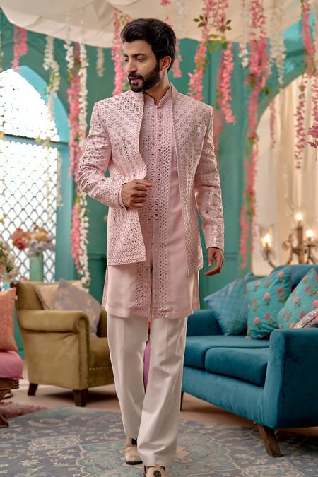 Shop Kora By Nilesh Mitesh Pink Silk, Cotton Mirrors Abstract Embroidered Sherwani Set at Aza Fashions Shop_Kora By Nilesh Mitesh_Pink Silk, Cotton Mirrors Abstract Embroidered Sherwani Set_at_Aza_Fashions