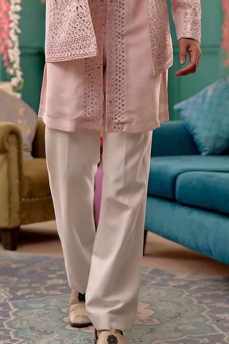 Kora By Nilesh Mitesh Pink Silk, Cotton Mirrors Abstract Embroidered Sherwani Set Online at Aza Fashions Kora By Nilesh Mitesh_Pink Silk, Cotton Mirrors Abstract Embroidered Sherwani Set_Online_at_Aza_Fashions