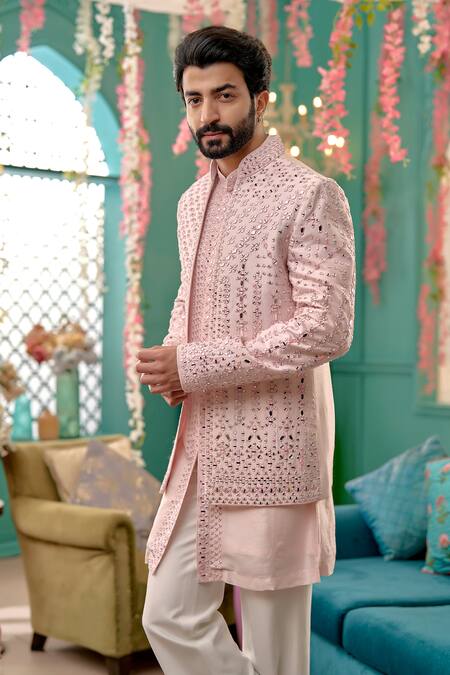 Buy Kora By Nilesh Mitesh Pink Silk, Cotton Mirrors Abstract Embroidered Sherwani Set Online at Aza Fashions Buy_Kora By Nilesh Mitesh_Pink Silk, Cotton Mirrors Abstract Embroidered Sherwani Set_Online_at_Aza_Fashions