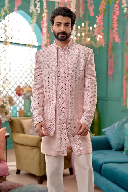 Shop Kora By Nilesh Mitesh Pink Silk, Cotton Mirrors Abstract Embroidered Sherwani Set Online at Aza Fashions Shop_Kora By Nilesh Mitesh_Pink Silk, Cotton Mirrors Abstract Embroidered Sherwani Set_Online_at_Aza_Fashions