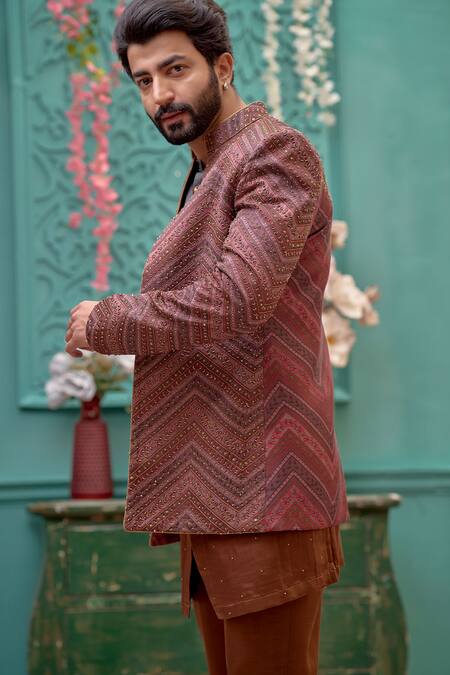 Kora By Nilesh Mitesh_Brown Silk, Cotton Cut Work Floral Print Sherwani Jacket And Trouser Set_Online_at_Aza_Fashions