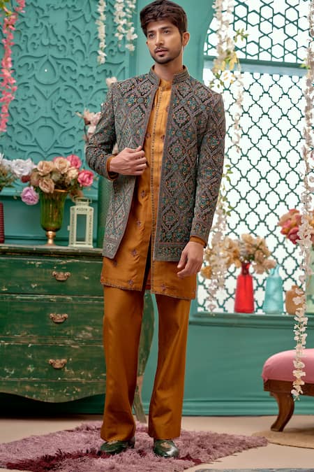 Shop Kora By Nilesh Mitesh Blue Suede, Silk Embroidery Floral Mughal Sherwani Set at Aza Fashions Shop_Kora By Nilesh Mitesh_Blue Suede, Silk Embroidery Floral Mughal Sherwani Set_at_Aza_Fashions