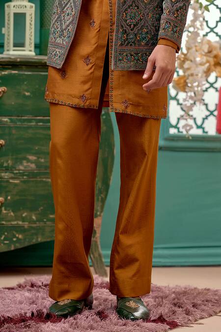 Kora By Nilesh Mitesh Blue Suede, Silk Embroidery Floral Mughal Sherwani Set Online at Aza Fashions Kora By Nilesh Mitesh_Blue Suede, Silk Embroidery Floral Mughal Sherwani Set_Online_at_Aza_Fashions