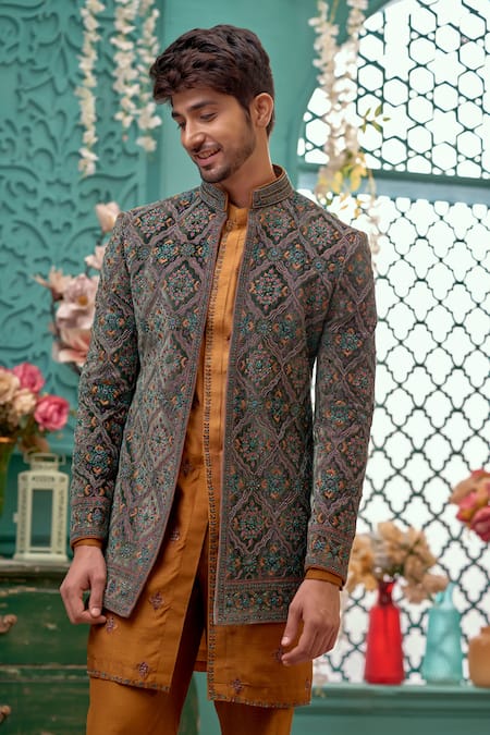 Buy Kora By Nilesh Mitesh Blue Suede, Silk Embroidery Floral Mughal Sherwani Set Online at Aza Fashions Buy_Kora By Nilesh Mitesh_Blue Suede, Silk Embroidery Floral Mughal Sherwani Set_Online_at_Aza_Fashions