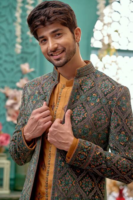 Shop Kora By Nilesh Mitesh Blue Suede, Silk Embroidery Floral Mughal Sherwani Set Online at Aza Fashions Shop_Kora By Nilesh Mitesh_Blue Suede, Silk Embroidery Floral Mughal Sherwani Set_Online_at_Aza_Fashions