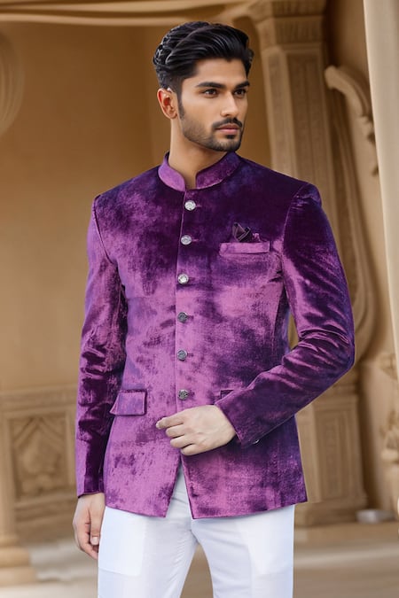 Arihant Rai Sinha_Purple Velvet, Faux Leather Jodhpuri Jacket _Online_at_Aza_Fashions