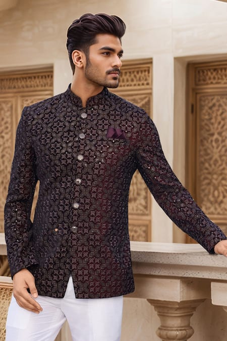 Arihant Rai Sinha Wine Velvet, Faux Leather Sequins, Embroidery Jodhpuri Online at Aza Fashions Arihant Rai Sinha_Wine Velvet, Faux Leather Sequins, Embroidery Jodhpuri _Online_at_Aza_Fashions