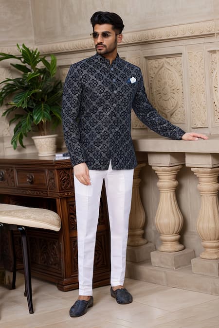 Shop_Arihant Rai Sinha_Blue Velvet, Faux Leather Sequins, Embroidery Thread And Jodhpuri _at_Aza_Fashions