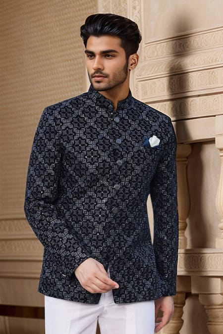 Arihant Rai Sinha_Blue Velvet, Faux Leather Sequins, Embroidery Thread And Jodhpuri _Online_at_Aza_Fashions