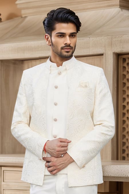 Arihant Rai Sinha_Cream Silk, Faux Leather Embroidery Thread Jodhpuri _Online_at_Aza_Fashions