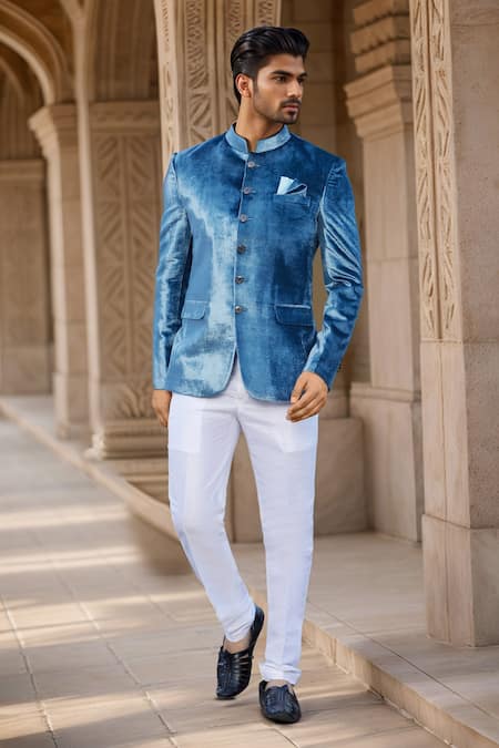Shop_Arihant Rai Sinha_Blue Velvet, Faux Leather Teal Jodhpuri _at_Aza_Fashions