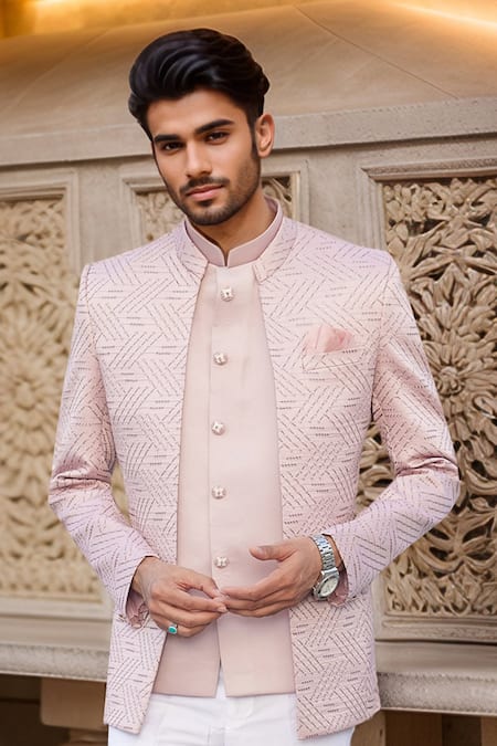 Buy_Arihant Rai Sinha_Pink Silk, Satin Sequins, Embroidery Geometric Jacket _Online_at_Aza_Fashions