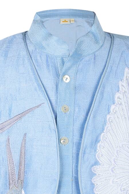 Rang By Les Petits_Blue Denim, Silk, Cotton Embroidery Crane Bundi Kurta Set_Online_at_Aza_Fashions