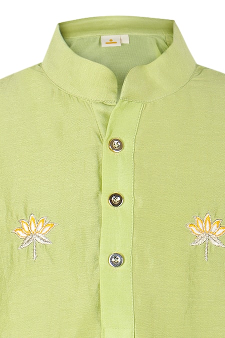 Rang By Les Petits_Green Chanderi, Cotton Embroidery Lotus Kurta And Pant Set_Online_at_Aza_Fashions