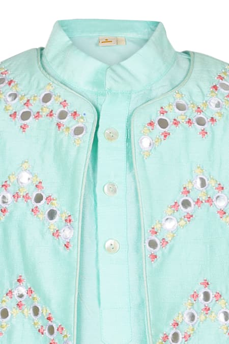 Rang By Les Petits_Blue Denim, Cotton Mirrors Jharoka Embroidered Bundi Kurta Set_Online_at_Aza_Fashions