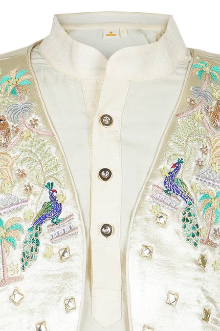 Rang By Les Petits_Gray Chanderi Embroidery Jungle Paradise Bundi Set_Online_at_Aza_Fashions