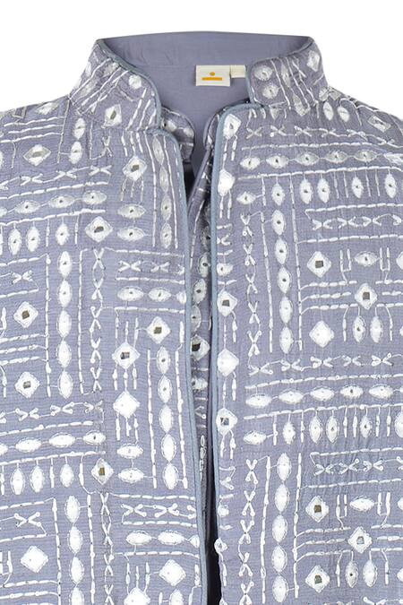 Rang By Les Petits_Blue Cotton Satin Mirrors, Embroidery Bloom Bundi Set_Online_at_Aza_Fashions