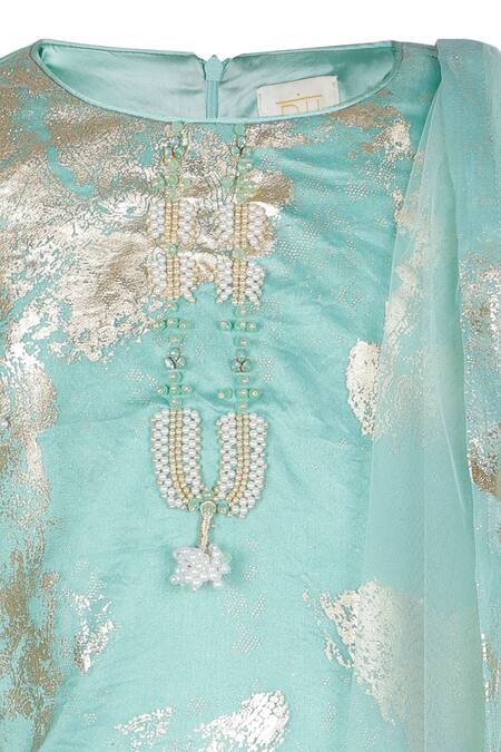 Rang By Les Petits_Blue Organza, Net Foil Printing Floral Kurta Set_Online_at_Aza_Fashions